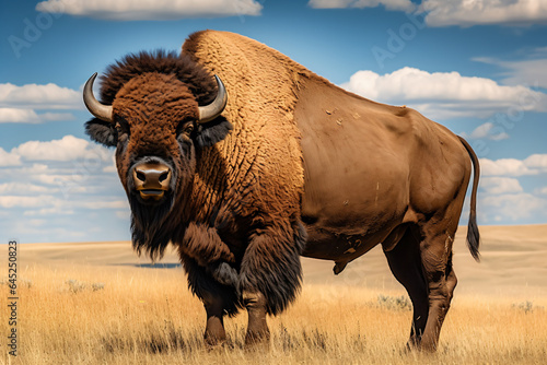 a bison standing in a field with a cloudy sky