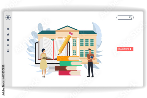 A woman reading a book. website page Digital Library. Modern flat design concept of web page design for website and mobile website