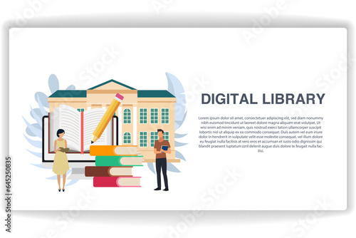 A woman reading a book. website page Digital Library. Modern flat design concept of web page design for website and mobile website