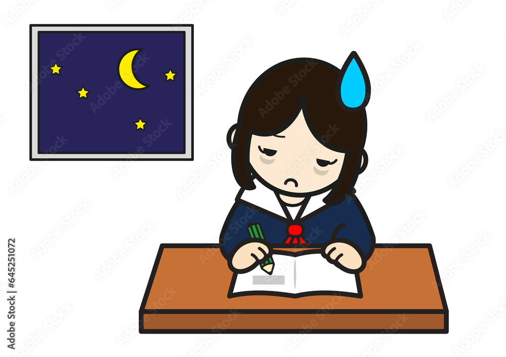 疲労の中夜遅くまで勉強する女子生徒 Stock Illustration | Adobe Stock