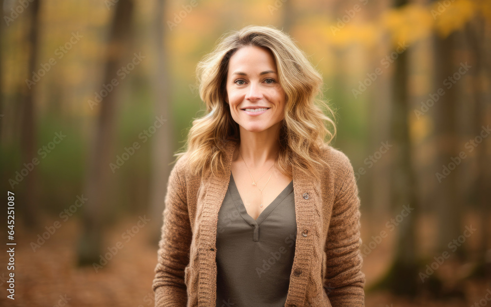 Portrait in the forest of a pleased 30 years old woman. Joyful woman in an outdoor fall scenery having fun at the autumn season. Portrait in the forest of a pleased 30 years old woman. Joyful woman in an outdoor fall scenery having fun at the autumn season.