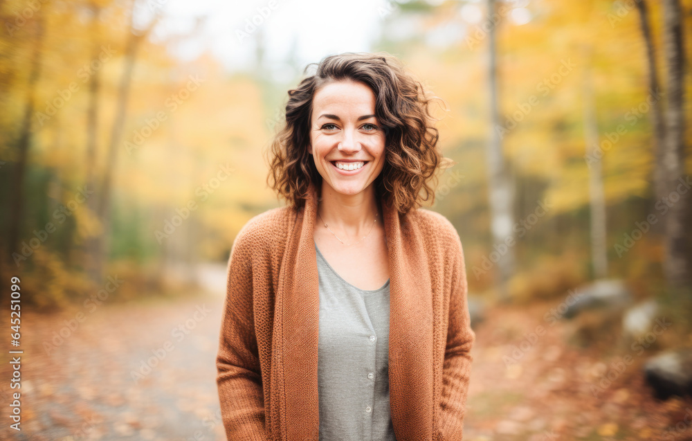 Portrait in the forest of a pleased 30 years old woman. Joyful woman in an outdoor fall scenery having fun at the autumn season. Portrait in the forest of a pleased 30 years old woman. Joyful woman in an outdoor fall scenery having fun at the autumn season.