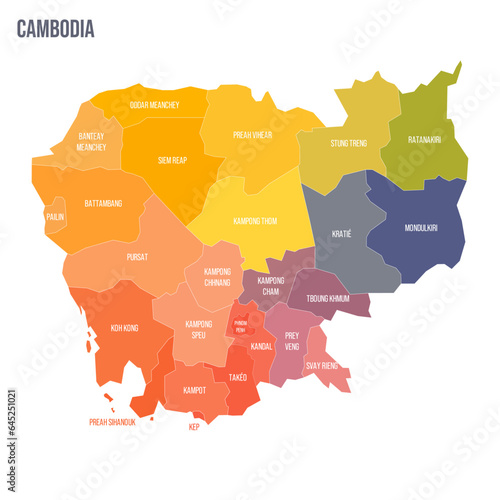 Cambodia political map of administrative divisions - provinces and autonomous municipality of Phnom Penh. Colorful spectrum political map with labels and country name.