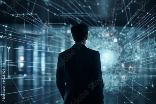 Silhouette of businessman in modern office interior. Mixed media generated ai