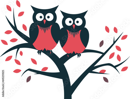 two owls sitting on the tree vector illustration on isolated background, two owls sitting on the tree for sticker and wall art
