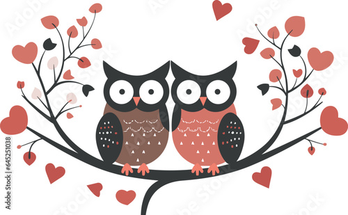 two owls sitting on the tree vector illustration on isolated background, two owls sitting on the tree for sticker and wall art
