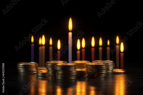 Candle light and coin stack on dark background with stock market chart. generative ai