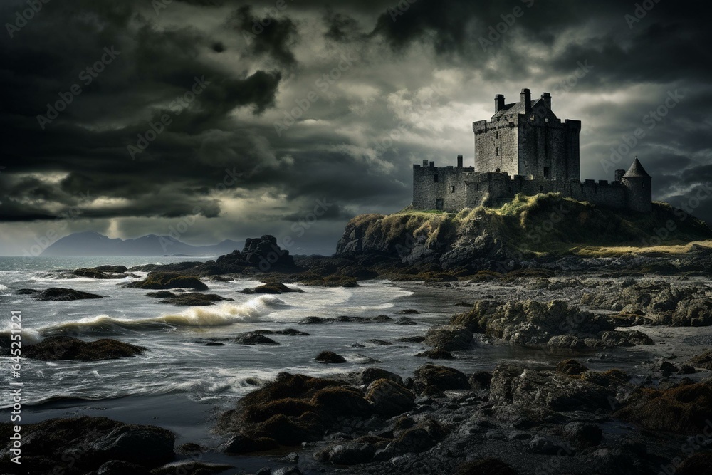 Image of an old castle near the sea with an approaching storm. Generative AI