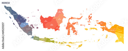 Indonesia political map of administrative divisions - provinces and special regions. Colorful spectrum political map with labels and country name.