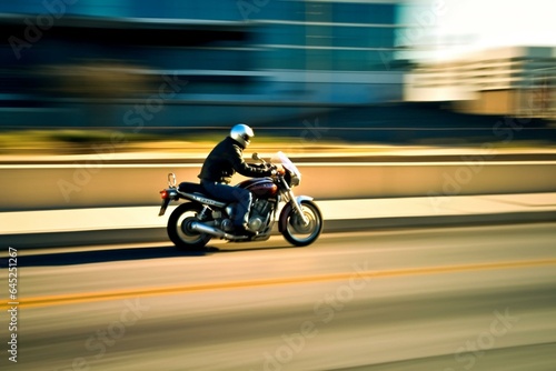 Motorcyclist speeds along urban highway. Generative AI