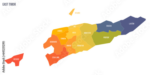 East Timor political map of administrative divisions - municipalities and Special Administrative Region Oecusse-Ambeno. Colorful spectrum political map with labels and country name. photo