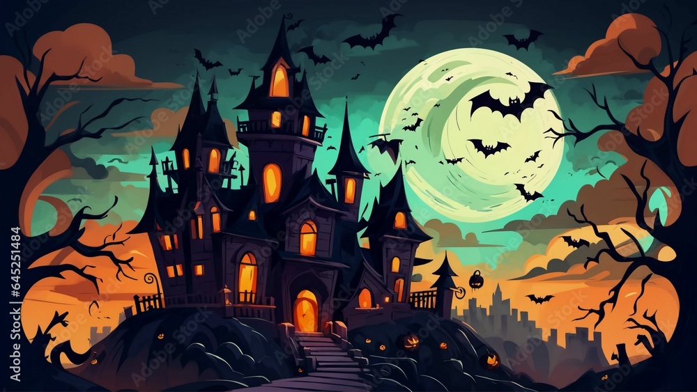 Halloween background with a castle, scary night with alot of bat and clounnd, huge moon, illustration. Halloween background with a castle, scary night with alot of bat and clounnd, huge moon, illustration.