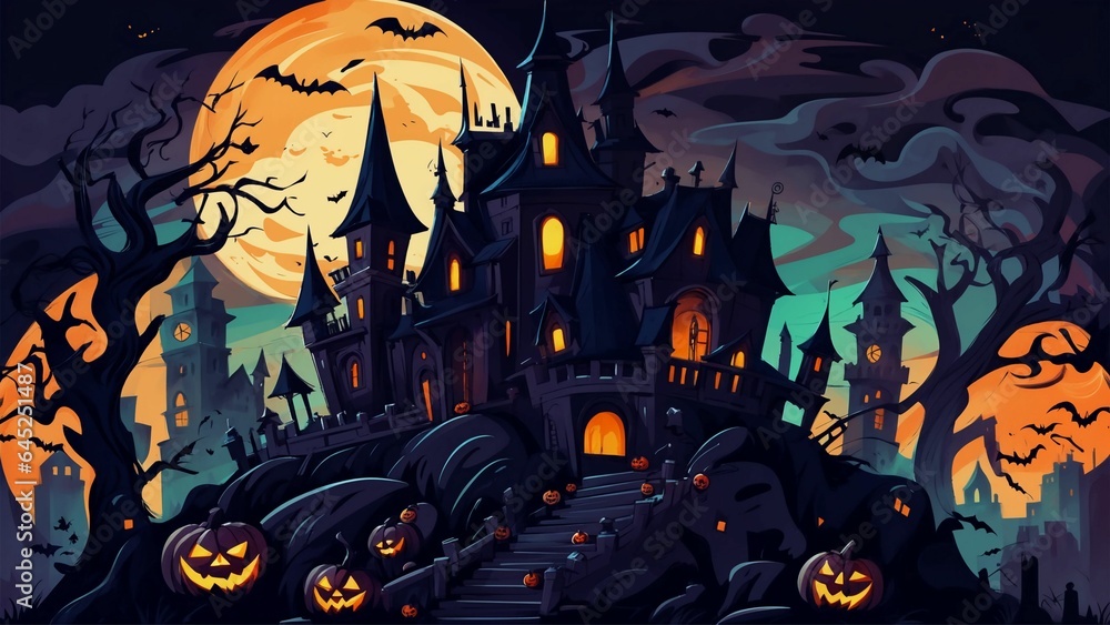 Halloween background with a castle, scary night with alot of bat and clounnd, huge moon, illustration. Halloween background with a castle, scary night with alot of bat and clounnd, huge moon, illustration.