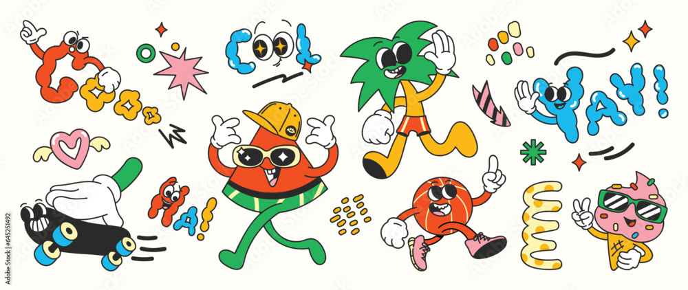Set of 70s groovy element vector. Collection of cartoon characters, doodle smile face, skateboard, watermelon, coconut tree, ice cream. Cute retro groovy hippie design for decorative, sticker, kids. Set of 70s groovy element vector. Collection of cartoon characters, doodle smile face, skateboard, watermelon, coconut tree, ice cream. Cute retro groovy hippie design for decorative, sticker, kids.