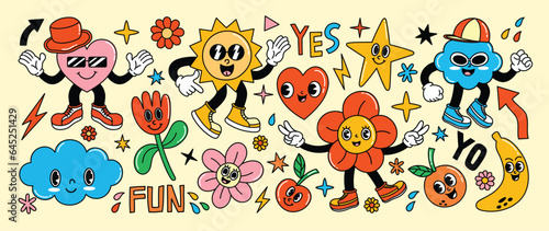 Set of 70s groovy element vector. Collection of cartoon characters, doodle smile face, heart, sun, flower, cloud, banana, cherry. Cute retro groovy hippie design for decorative, sticker, kids.
