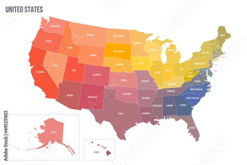 United States of America political map of administrative divisions - states and federal district Washington, D.C. Colorful spectrum political map with labels and country name.
