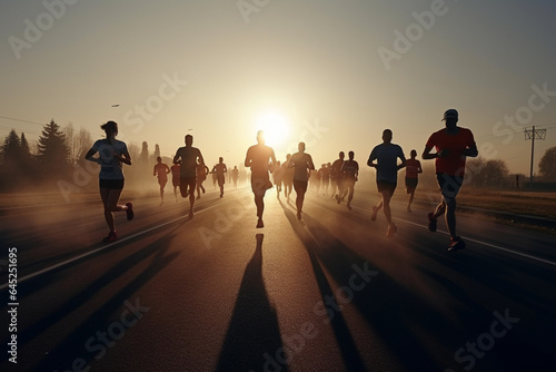 Marathon running race, people running on city road at sunset. generative ai