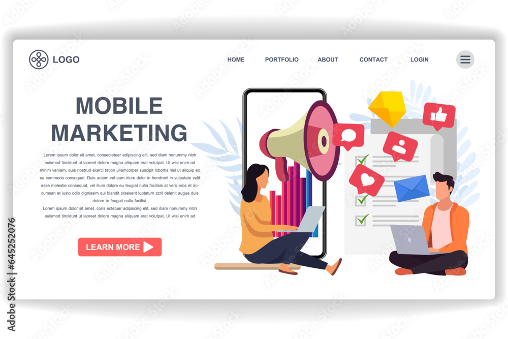 Men and women sitting looking at laptops. website page Mobile Marketing. Modern flat design concept of web page design for website and mobile website Men and women sitting looking at laptops. website page Mobile Marketing. Modern flat design concept of web page design for website and mobile website