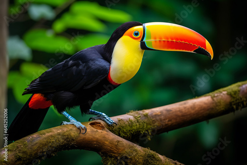 a colorful bird sitting on a branch in a forest