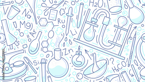 Chemistry seamless pattern. Art line backround. Education and study vector signs for school lessons, printed materials