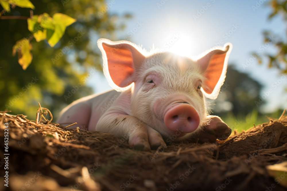 a pig laying on the ground with its eyes closed a pig laying on the ground with its eyes closed
