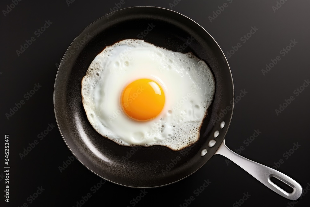 One fried egg in hot pan on black background, top view One fried egg in hot pan on black background, top view