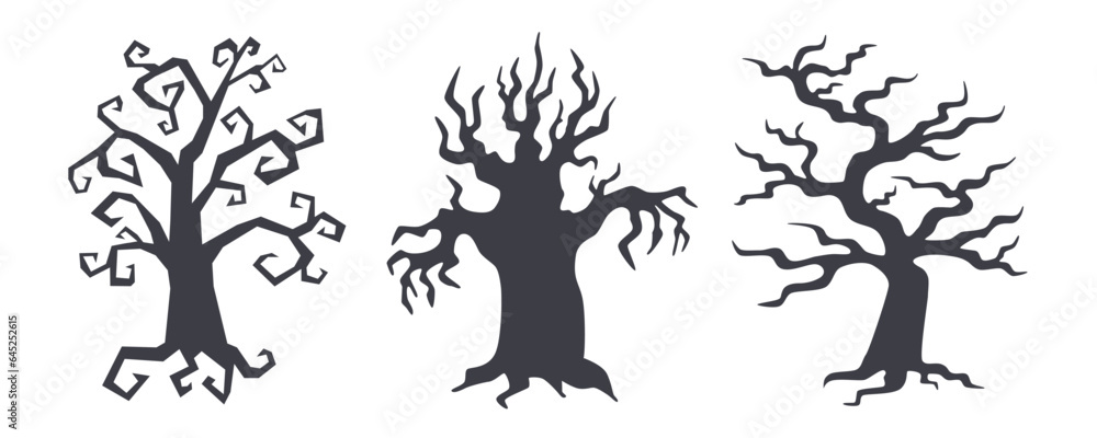 Set of black Halloween trees. Halloween concept. 