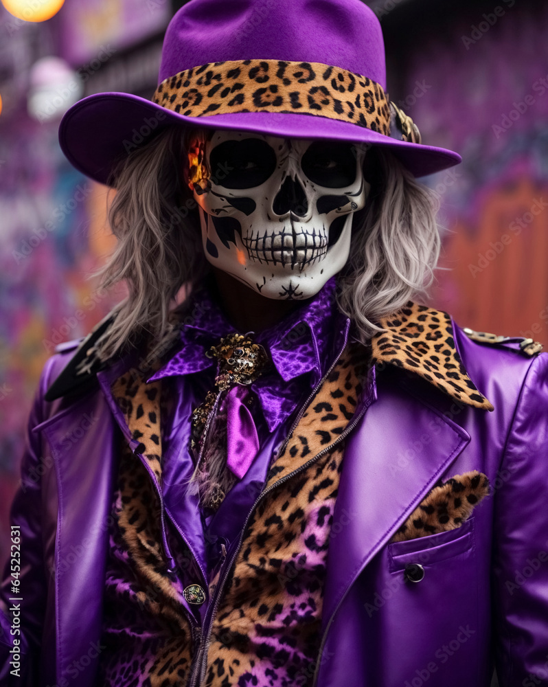 Helloween skeleton costume with purple suit with leopard fur appliques, hat and stick. The skeleton stands in an alley decorated with graffiti Helloween skeleton costume with purple suit with leopard fur appliques, hat and stick. The skeleton stands in an alley decorated with graffiti