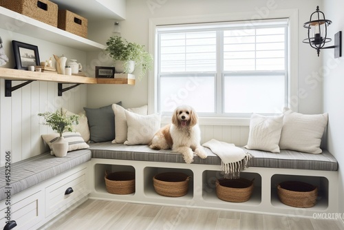 Pet-friendly scandinavian design featuring mudroom, laundry room, dog shower, ladder, dog bed, carpet, treat dish, and window seat. Generative AI