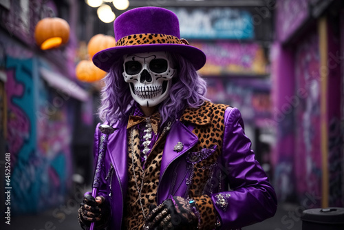 Helloween skeleton costume with purple suit with leopard fur appliques, hat and stick. The skeleton stands in an alley decorated with graffiti