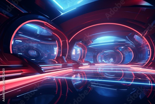 Immersive 360 view of neon-lit futuristic indoor space with sci-fi design and VR vibes. Generative AI © Xander