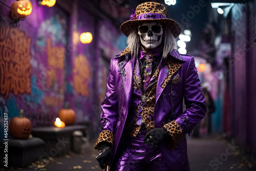 Helloween skeleton costume with purple suit with leopard fur appliques, hat and stick. The skeleton stands in an alley decorated with graffiti