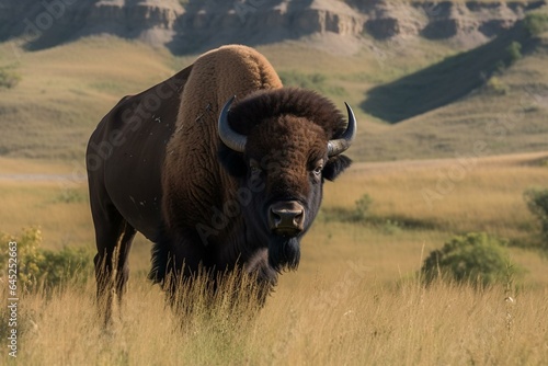 A big bison in the Theodore Roosevelt National Park - North Unit - North Dakota Badlands. Generative AI