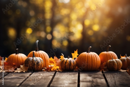 Pumpkins and autumn leaves on brown wooden table