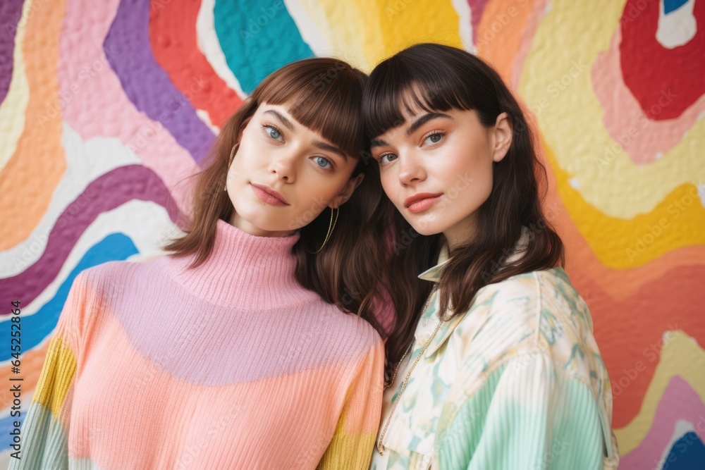 Two young hispanic and Caucasian Lesbian women looking at camera. Couple people and Beauty concept. Happy lifestyles and falling in love . Wearing a pink sweater on rainbow background , lgbtq Two young hispanic and Caucasian Lesbian women looking at camera. Couple people and Beauty concept. Happy lifestyles and falling in love . Wearing a pink sweater on rainbow background , lgbtq