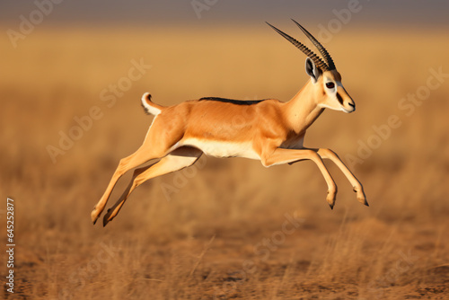 a gazelle running across a dry grass field