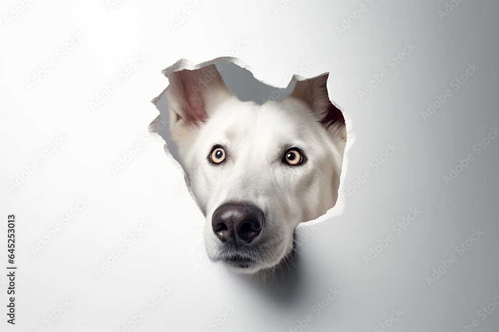 White dog peeking through a hole in a white wall with copy space generative ai