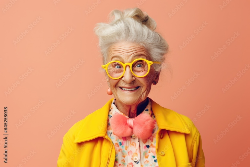 Happy and funny emotionally mature woman stands against an isolated background in vibrant stylish clothing and fashionable jewelry. She's enjoying life and savoring retirement