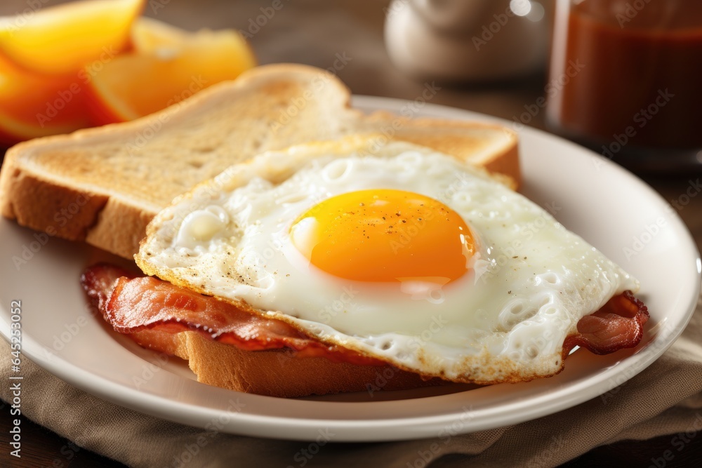 Tasty breakfast - fried eggs with fried bacon and toasted bread in plate on wooden table Tasty breakfast - fried eggs with fried bacon and toasted bread in plate on wooden table