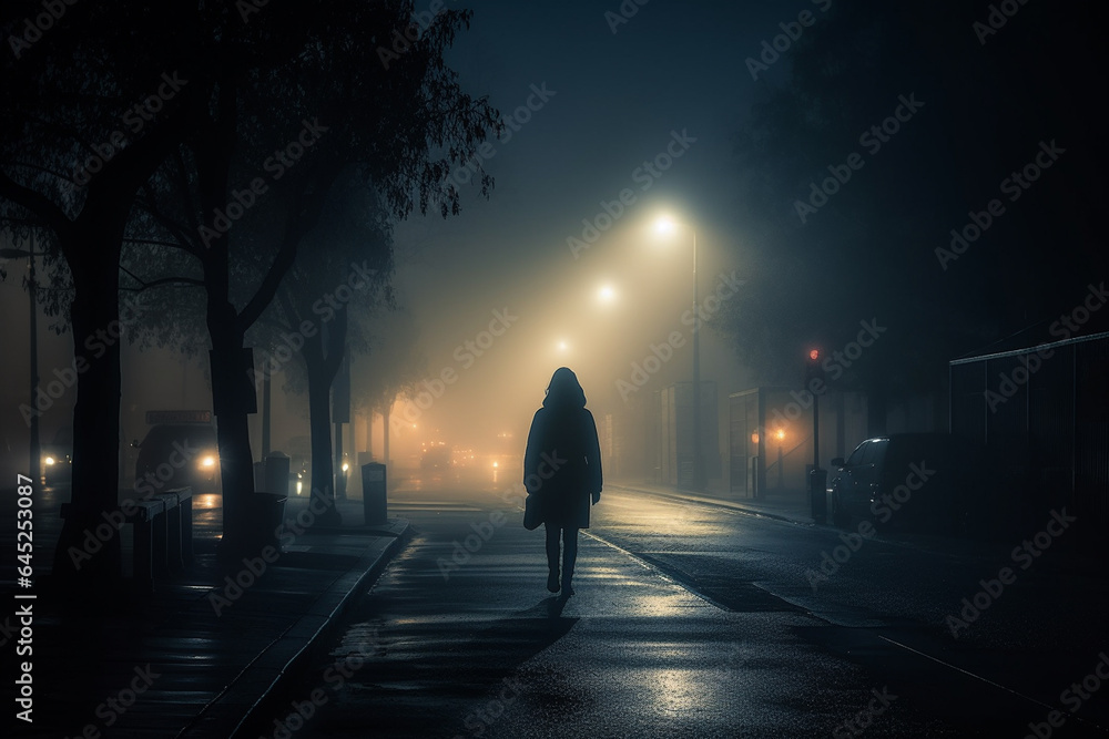 Silhouette of a woman walking on the street in the fog at night generative ai - obrazy, fototapety, plakaty 