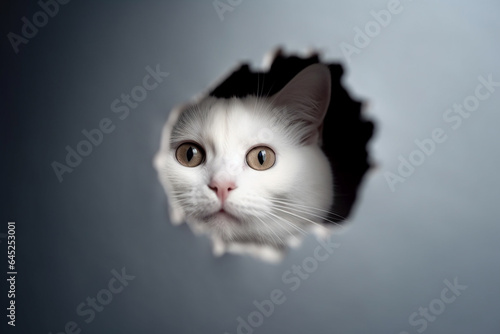 White cat peeking through a hole in the wall. Looking through the hole. generative ai