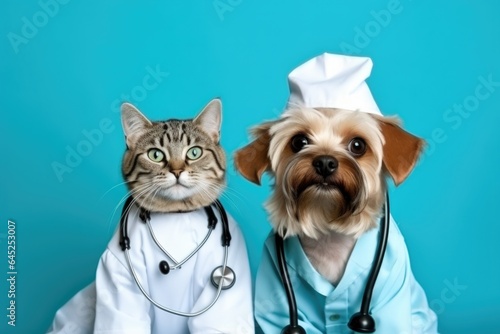 Clinic cat and dog. Cute photo of doctor dog and nurse cat on a blue background. Compassionate Care: A Glimpse into Animal Assistance at the Veterinary Clinic photo