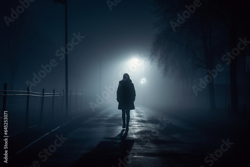 Stampa su tela Silhouette of a woman walking on the street in the fog at night generative ai