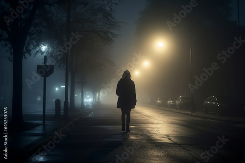 Obraz na plátne Silhouette of a woman walking on the street in the fog at night generative ai