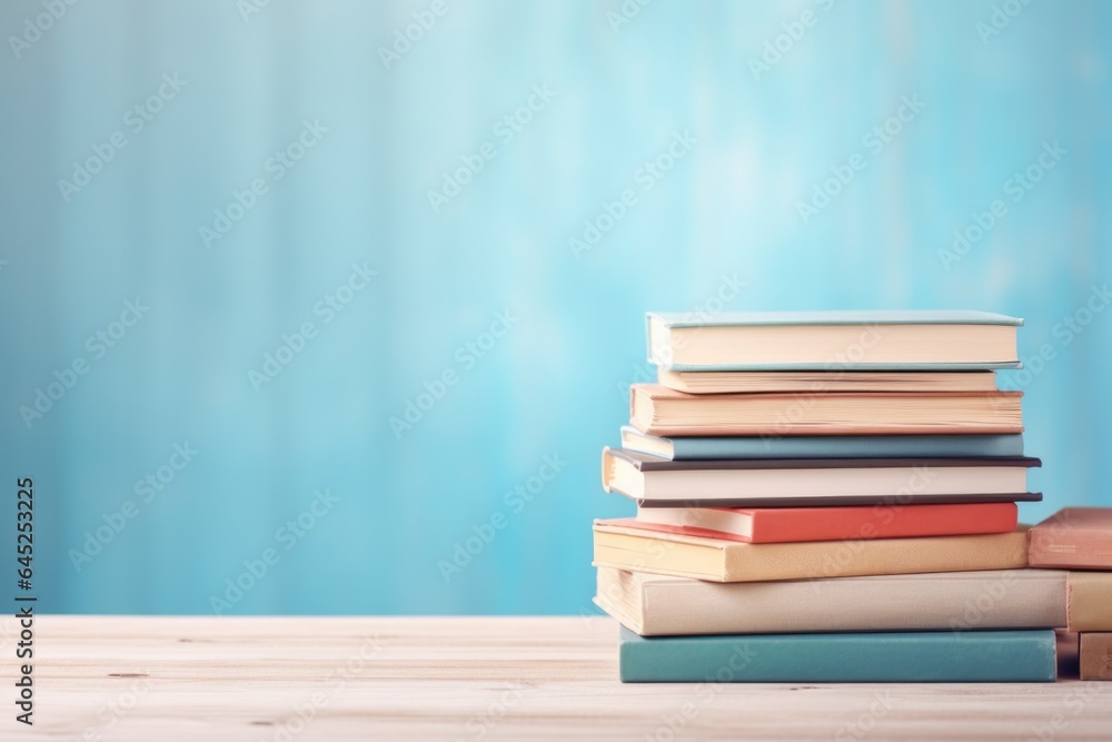 Composition of blurry Many books on a wooden table and a pastel blue background. Back to school. Education and home work Composition of blurry Many books on a wooden table and a pastel blue background. Back to school. Education and home work