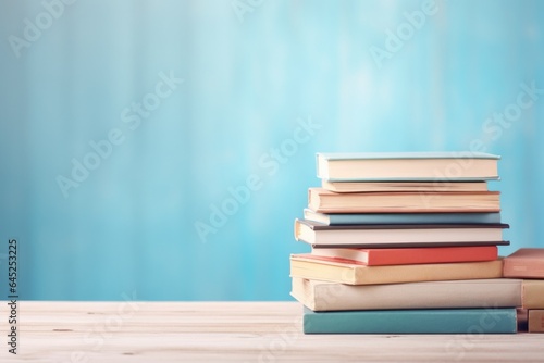 Composition of blurry Many books on a wooden table and a pastel blue background. Back to school. Education and home work 