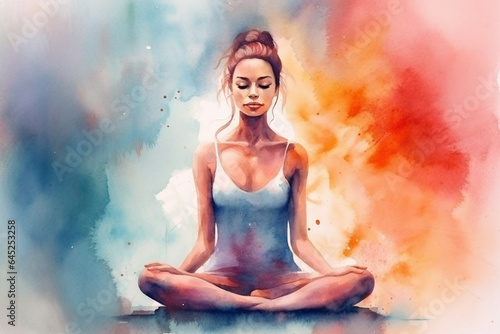 Beautiful girl sitting in lotus pose on watercolor background.