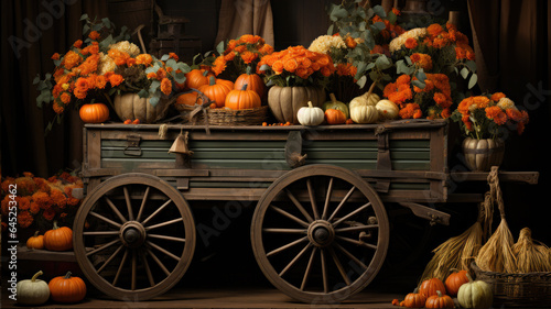 Vintage retro cart with pumpkins, Thanksgiving, autumn, autumn, harvest, vegetables, village © Александра Низенко