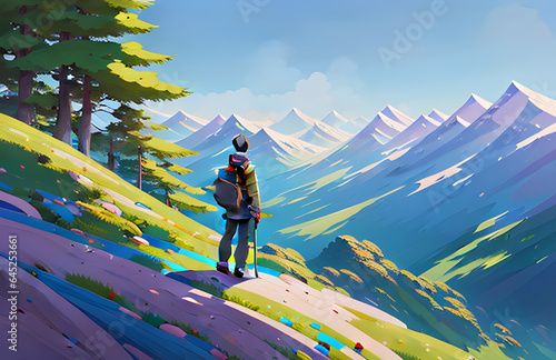 Acrylic painting . hiker in the mountains