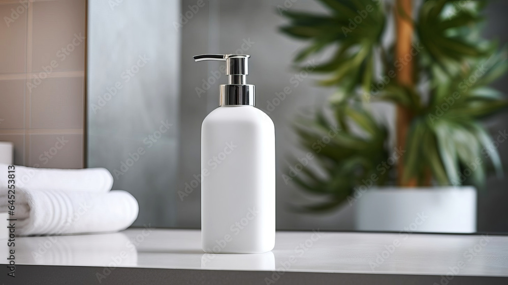 White bottle with a pump for liquid soap in the interior of a home bathroom. AI generated. Selective focus. White bottle with a pump for liquid soap in the interior of a home bathroom. AI generated. Selective focus.